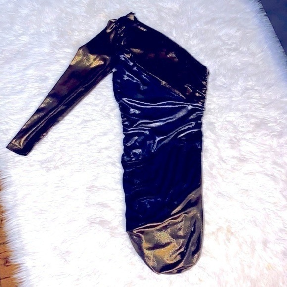 Bebe Dresses Like new | Bebe Addiction  One Shoulder Dress | Color: Black/Gold M - Picture 3 of 6